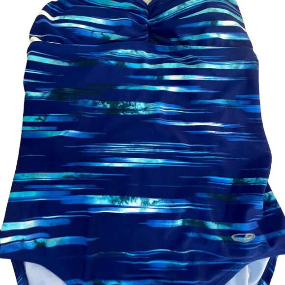 Champion Blue Watercolor Striped One Piece Racerback Conservative Swim Suit Med - Picture 4 of 6